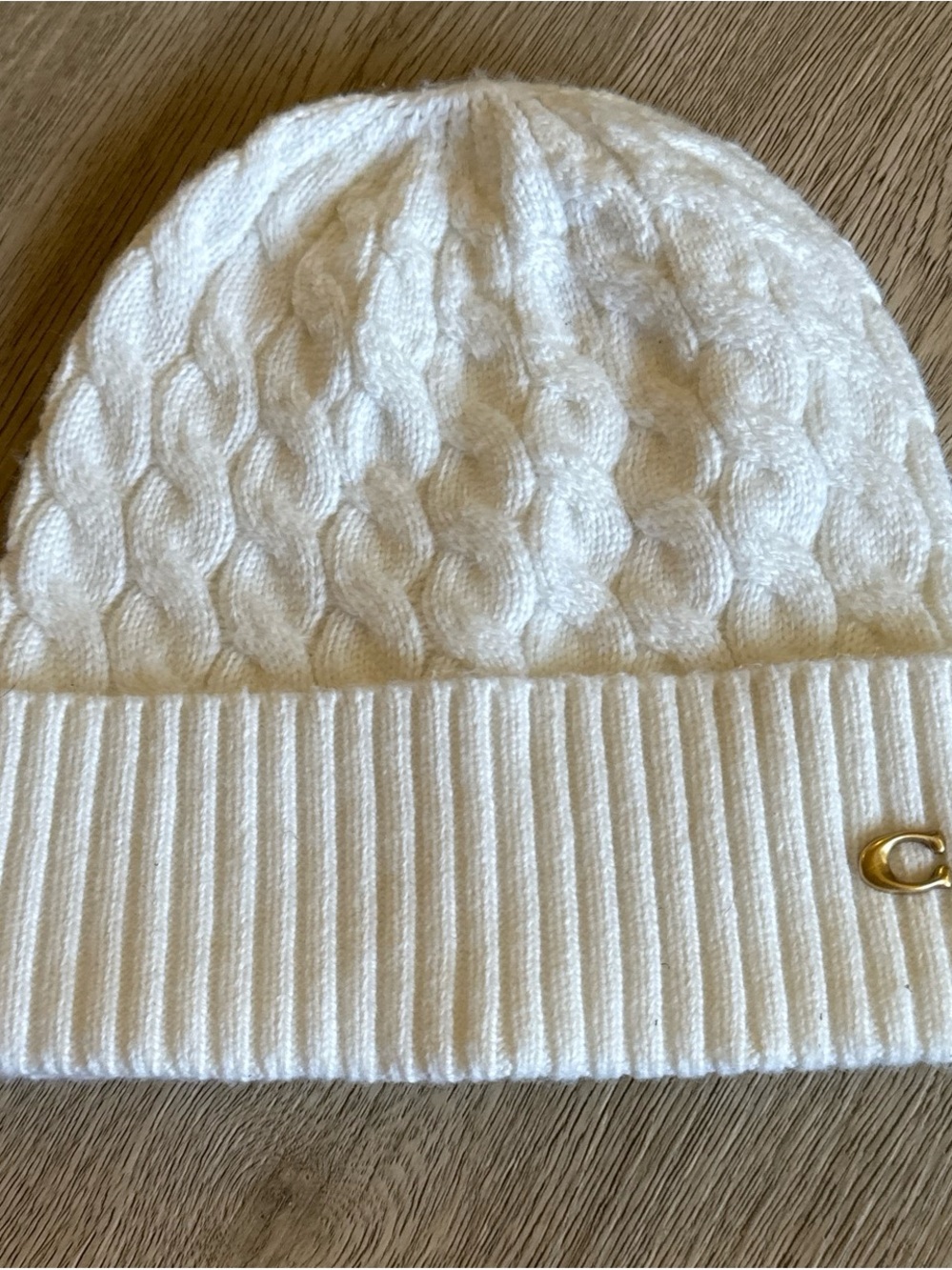 Coach White Cable Knit Beanie with Gold Accent